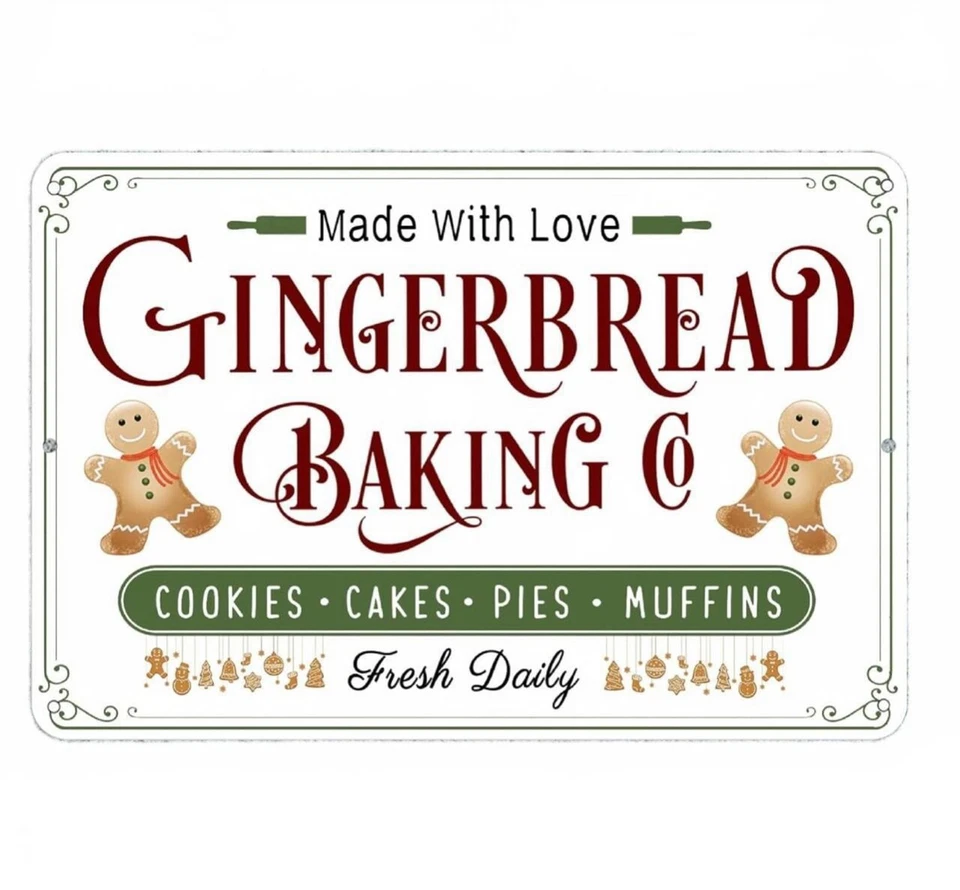 Letrero Gingerbread Baking Co Aluminio Metal 8"x12" Navidad Invierno Navidad Galletas Foto 1 de 1