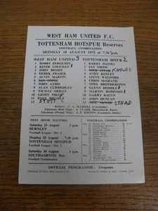18/08/1975 West Ham United Reserves v Tottenham Hotspur Reserves (single sheet, - Picture 1 of 1