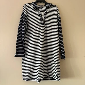 Chaps Navy White Stripe Lace-Up Hoodie Tunic Dress XL - Picture 1 of 3
