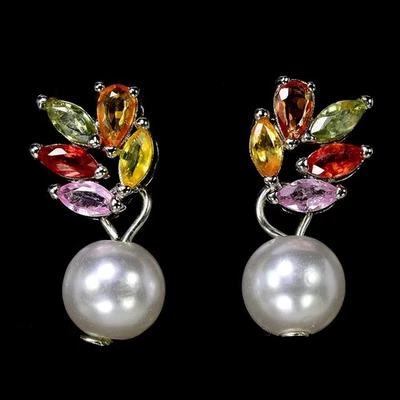 GENUINE AAA WHITE PEARL & MULTI COLOR SAPPHIRE STERLING 925 SILVER STUD EARRING - Image 1 of 4