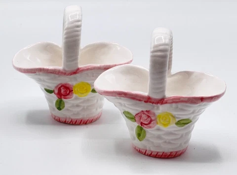 Two Vintage Small Ceramic Weave Baskets 4 inches x 4 inches Cover