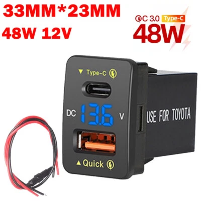 48W 12V Blue USB Car Fast Charger Socket Voltmeter Adapter For Toyota Type C PD - Image 1 of 4