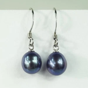 Sterling Silver Hook Drop Dangle Bluish Purple Pearl Earrings - Picture 1 of 12