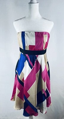 Vestido David Meister Mujer 4 Artístico Estampado Geométrico Sin Tirantes Seda Coqueto Boho Foto 1 de 4