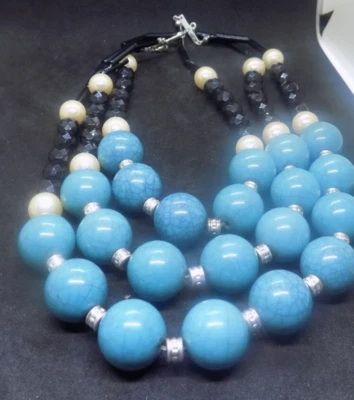 Necklace Silver Tone Teal Black White Graduate Triple Strand Stamped NRT (513) - Image 1 of 3