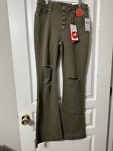 Hot Kiss NWT Women’s Highest Rise Flare Green Denim Button Fly Pants Size 5 New - Picture 1 of 21