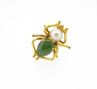 Tie tack 14k yellow gold BUG Insect with green jade body pearl head Lapel Pin - Image 1 of 4