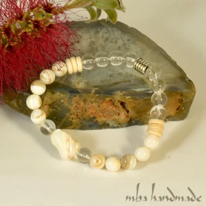 WOMEN'S MOTHER OF PEARL & QUARTZ AUTHENTIC GEMSTONES BEADED BRACELET - Picture 1 of 4