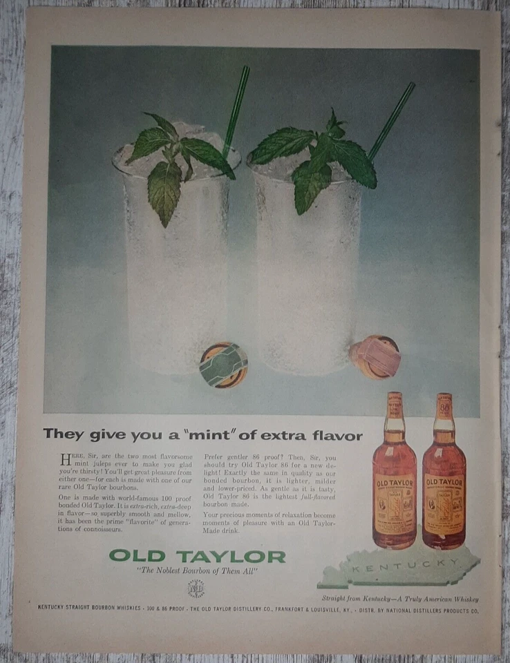 1957 Old Taylor Vintage Print Ad Bourbon Whiskey Kentucky Mint Julep Ice Glass - Image 1 of 1