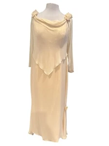 Elegant Scaravelli Vintage Cream Chiffon Gown With Floral Accents & Sheer Overla - Picture 1 of 15
