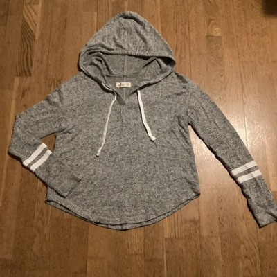Women’s Hollister Grey Flecked, Cropped Hoodie with White Stripes Size XS - Image 1 of 4