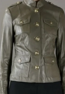 Chaqueta militar de cuero verde oliva para mujer Tori Burch botones dorados talla 6 Foto 1 de 4