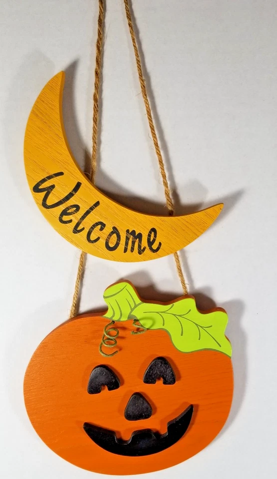 Madera Jack-O-Lantern Calabaza Luna Letrero de Bienvenida Cordel Puerta Colgante de Pared Avon De Colección Foto 1 de 4