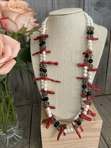 Stunning Coral, Pearl & Beads Double Strand Necklace - 64cm Long - Picture 1 of 8