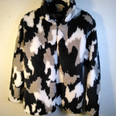 Eddie Bauer Sherpa Jacket Womens Small Black White Gray Camo Full Zip Faux Fur - Image 1 of 4