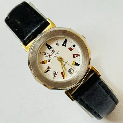 Reloj Mujer Vintage Gruen Banderas Náuticas Dos Tonos Cuero Negro 236-2015 Foto 1 de 4