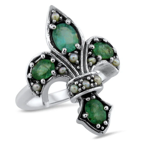GENUINE EMERALD PEARL FLEUR-DE-LIS VICTORIAN STYLE 925 STERLING SILVER RING #591 - Image 1 of 1