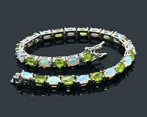 10 Ct Oval Lab-Created Peridot Fire Opal Tennis Bracelet 14K White Gold Plated - Picture 1 of 8