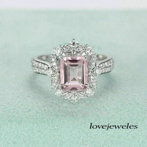2.60CT Emerald Cut Real Pink Sapphire Engagement Ring 925 Sterling Silver - Imagen 1 de 7