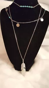 Multi Layered Necklace set silver plated 3 chains Boho feather charms G bag US - Picture 1 of 3