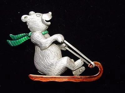 "JJ" Jonette Jewelry Silver Pewter 'BEAR on Sled' Christmas Pin - Image 1 of 3