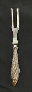 Stainless Steel Carving Fork 8.5” Fish Handle Silver Toned Textured Golden Head - Picture 1 of 7