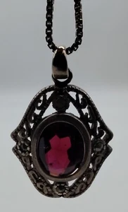 Vintage Garnet Faceted Stone Marcasite Sterling Silver 925 Pendant Necklace DBJ - Picture 1 of 5