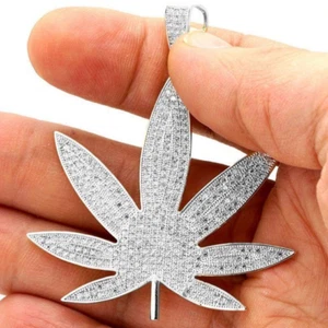 14K White Gold Marijuana Leaf Hemp Pendant 2.5" with 3CTW Gem Accents - Picture 1 of 3