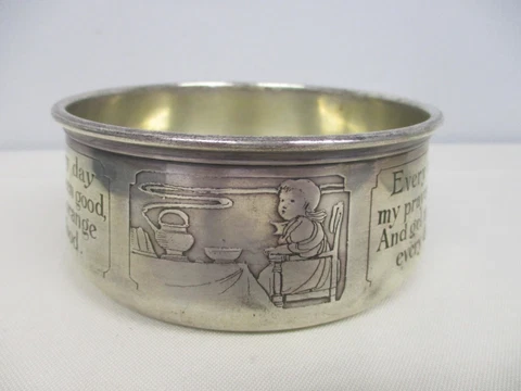 ANTIQUE WM B KERR & CO STERLING SILVER CHILD'S BOWL ENGRAVED w CHILD & PRAYERS Cover