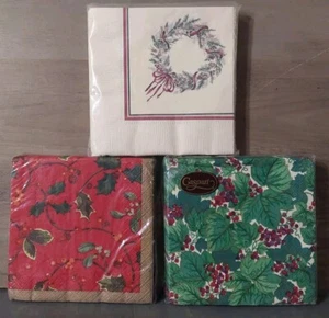 Servilletas de Navidad Caspari Vintage 3pk 3 capas 16 cada corona rojo verde Hollies - Imagen 1 de 2