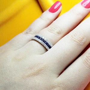 14K Gold Natural Diamond Eternity Band 3.43 Ct Round Cut Lab Grown Blue Sapphire - Bild 1 von 11