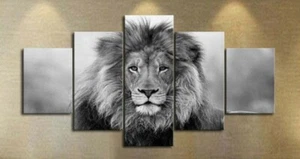 Multi Panel Print African Lion Canvas 5 Piece Wall Art Black & White Safari King - Picture 1 of 12