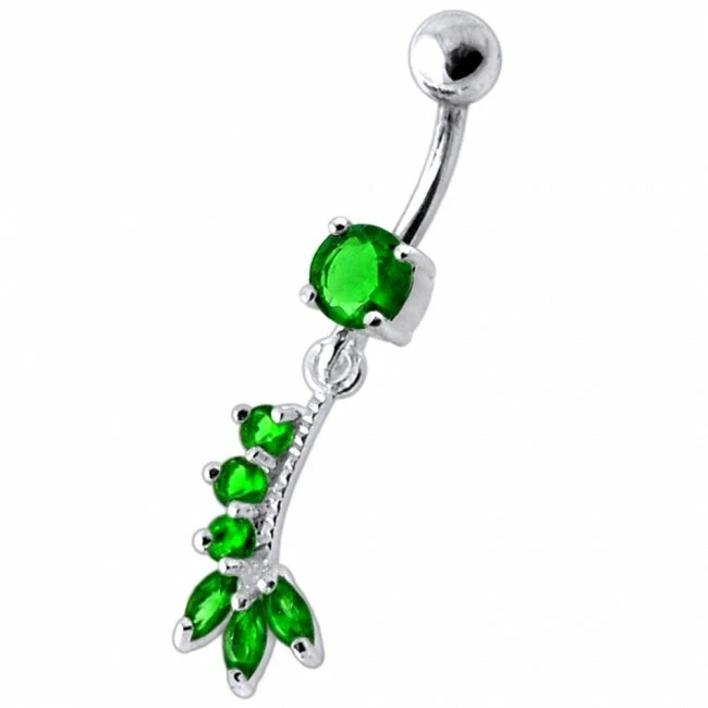 Sterling Silver Belly Bar Small Dark Green Crystal Dangle Navel Ring - Image 1 of 1