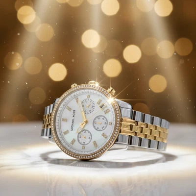 Michael Kors Gold & Silver Chronograph Watch Mother of Pearl Dial Crystal Bezel  - Image 1 of 4