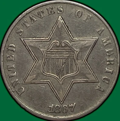 1867 Three Cent Silver Trime Almost Uncirculated AU Coin, Tiny Scratch #29826 - Image 1 of 3