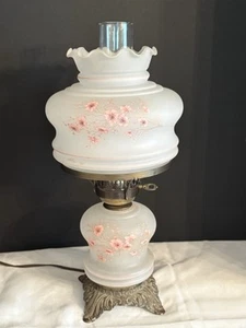 Vtg Accurate Casting 3 Way Satin Hurricane Lamp Hand Painted Pink Blossoms 18.5 - Picture 1 of 14