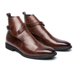 Chic Mens Faux Leather Business Ankle Boots Shoes Pointy Toe Office Buckle Dress - Picture 1 of 13