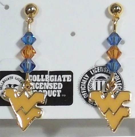 NCAA West Virginia Mountaineers Gold Dangle Earrings 6 Crystals Gold Pl USA NEW Cover