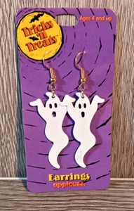 Vintage Applause Tricks n Treats Ghost Spooky Halloween Earrings Fish Hook 2.5" - Picture 1 of 6