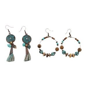 2 paires de boucles d'oreilles 2,5 pouces style amérindien perles noires gland turquoise
