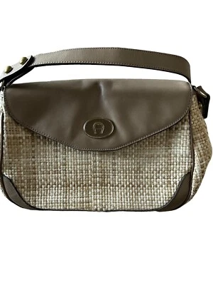 Etienne Aigner Vintage Woven Raffia & Leather Trim Taupe Shoulder Bag Purse Gold - Image 1 of 4