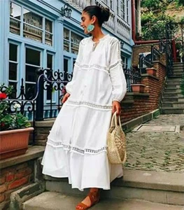 Women's White Cotton Long Sleeve Bohemia Holiday Beach Skirt Long Loose Dress - Picture 1 of 14