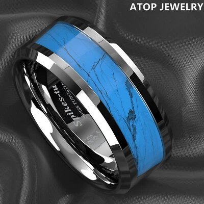 8mm Silver Edge Tungsten Carbide Ring Manmade Turquoise Engagement Wedding Band - Image 1 of 4