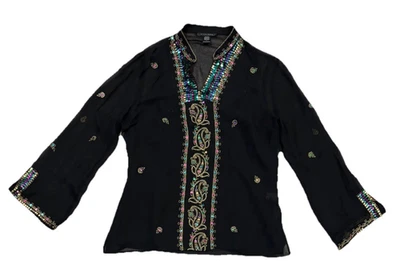 Top Silkland Negro Seda Lentejuelas Mujer’s Mediano Transparente Gasa Étnico Con Camisola Foto 1 de 4