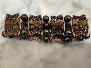 Damen Magnetfeldtherapie Armband, orange Strasssteine mit schwarzen Perlen, Schmetterling - Bild 1 von 7