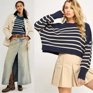 Pullover corto Free People Easy Street a rayas XL azul marino Preppy Coastal Nantucket - Imagen 1 de 16