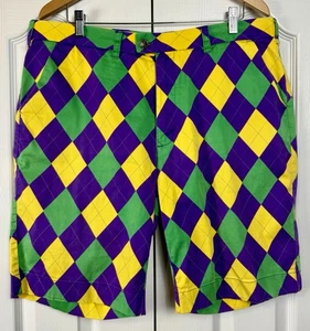 Loudmouth Golf Shorts Mens 38W CARNIVALE Argyle Diamond Daly MARDI GRAS LSU EUC - Picture 1 of 8