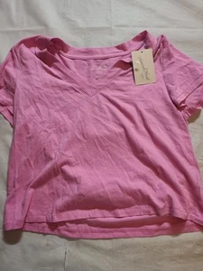Women's Shrunken Short Sleeve V-Neck T-Shirt Universal Thread Vibrant Pink S - Picture 1 of 5