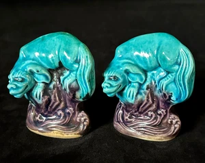 Pair Turqoise Exotic Beasts on Plinths CHINESE EXPORT PORCELAIN Foo Dogs c1900 - Picture 1 of 13