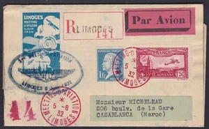 Lettre Recom MEETING AVIATION LIMOGES 1932 + VIGNETTE pour CASABLANCA CINDERELLA - Picture 1 of 6